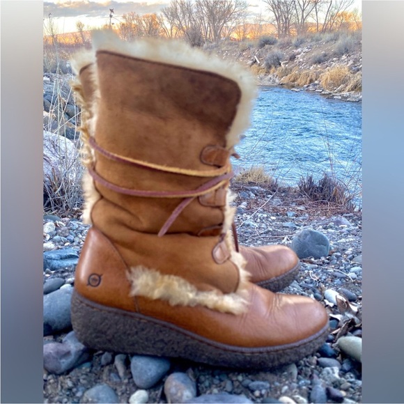 Børn Shearling Lined Leather Lace Up Boots Womens Size 7 Brown Cozy Boho - Picture 3 of 14